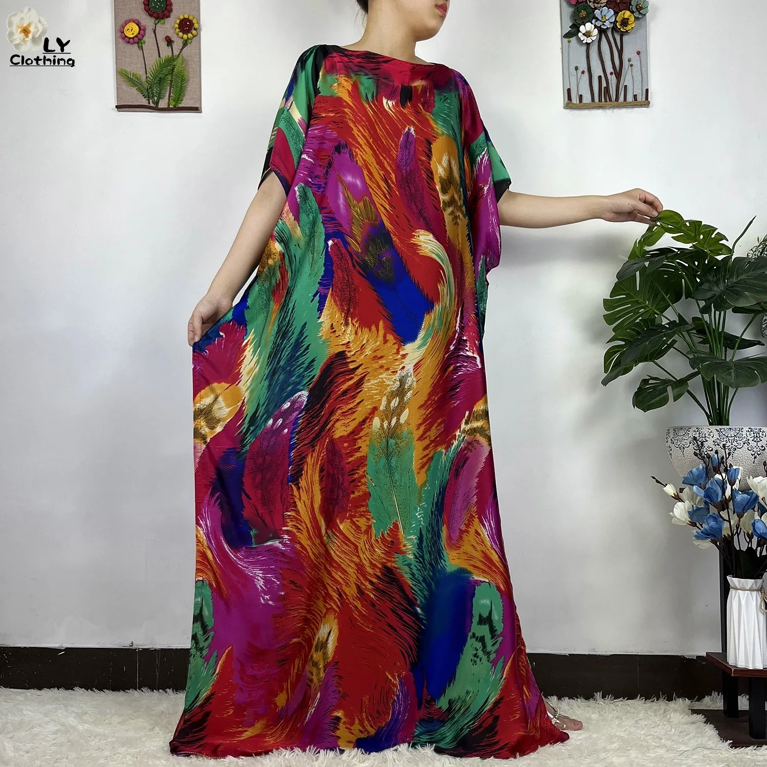2023 New African Fashion Short Sleeve Colored Pattern Dubai Women Summer Real Silk Soft Printing Loose Tradition Muslim Dress