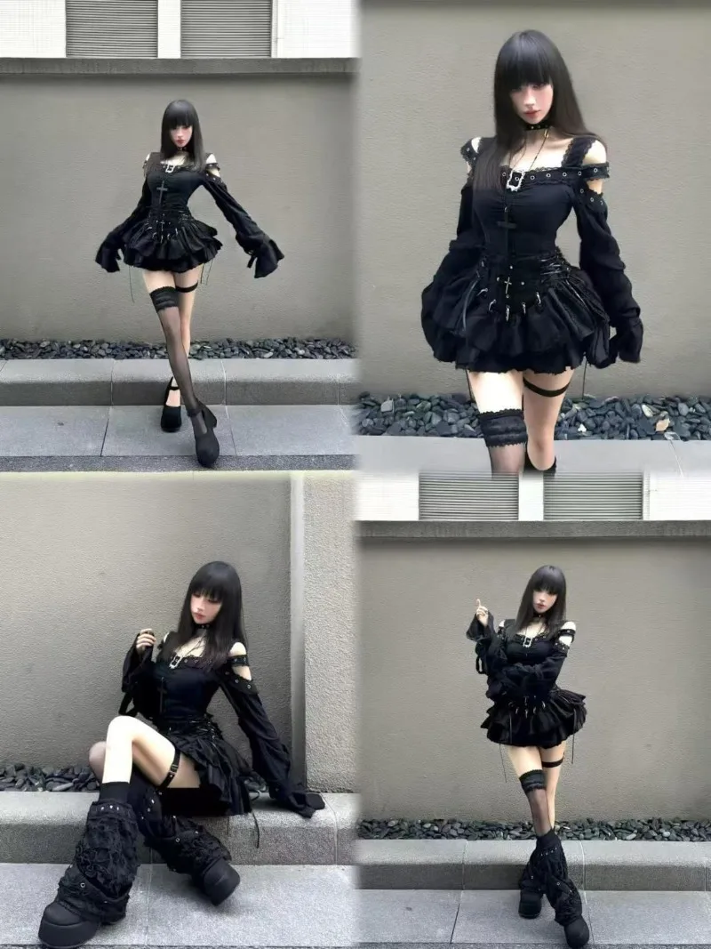Autumn Darkly Series Spicy Girl Subculture Gothic Skirt Sets Black Off Shoulder Slim Top Strap Short Skirt Y2k Two Piece Sets