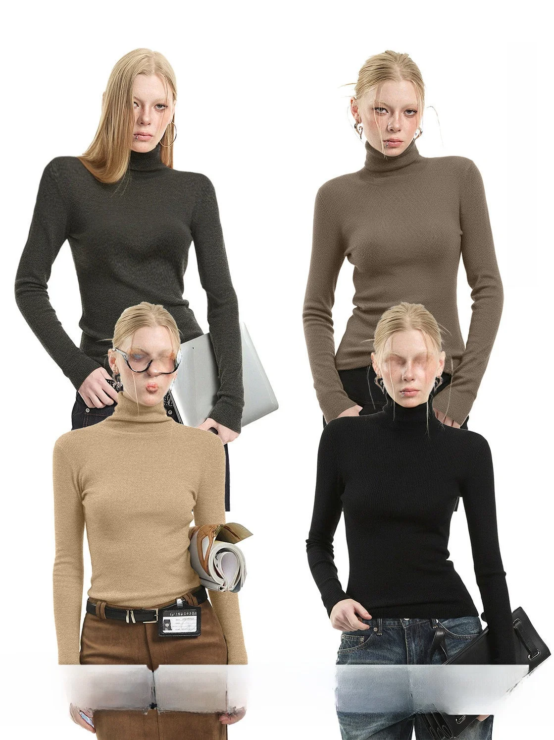 

UNCMHISEX Американский ретро-стиль: женская вязаная базовая кофта с длинным рукавом, высоким воротником, теплая, повседневная, стандартный крой