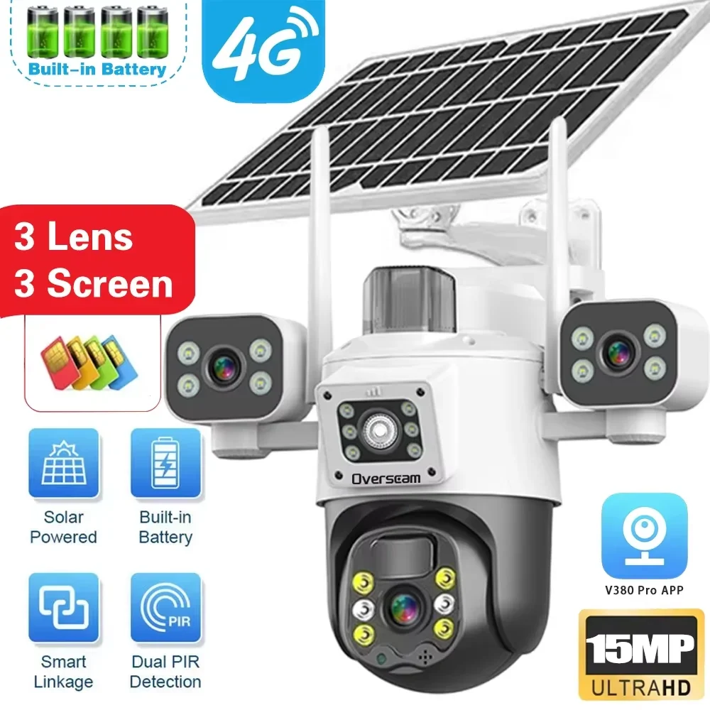 

4G SIM Card V380 Pro 3 Lens IP Solar Camera 15MP Outdoor Waterproof CCTV Two-Way Audio Camera PIR Detection Tracking IP Camera