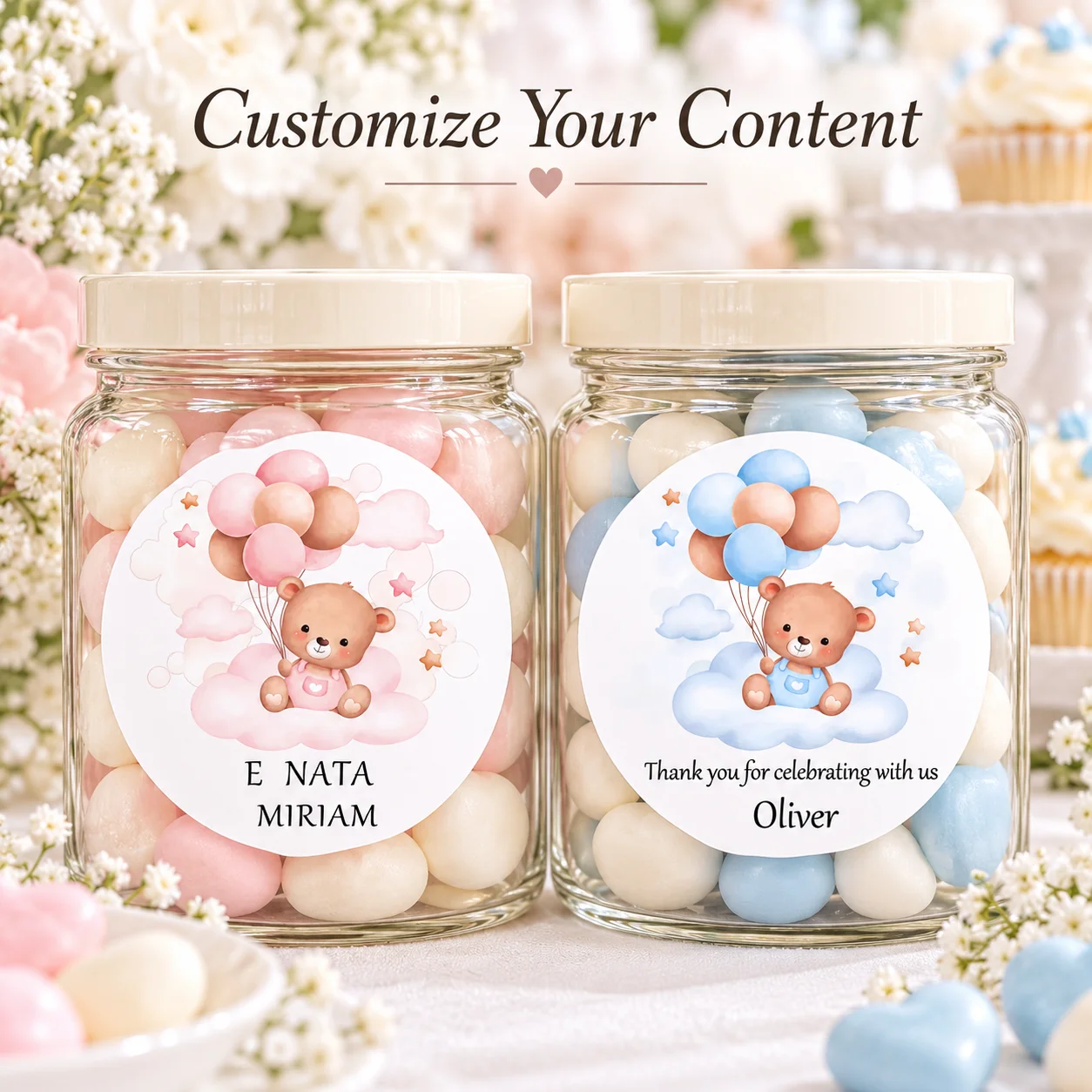 Customized Round Bear Balloon Stickers, Available in Pink and Blue with Cloud and Star Designs, Can Be Customized with Names and Messages, Suitable for Welcome Parties, Birthday Celebrations, Candy Bags, Gift Boxes, and Envelope Seals, Adding a Warm and Ceremonial Touch to Every Gesture of Kindness view 4