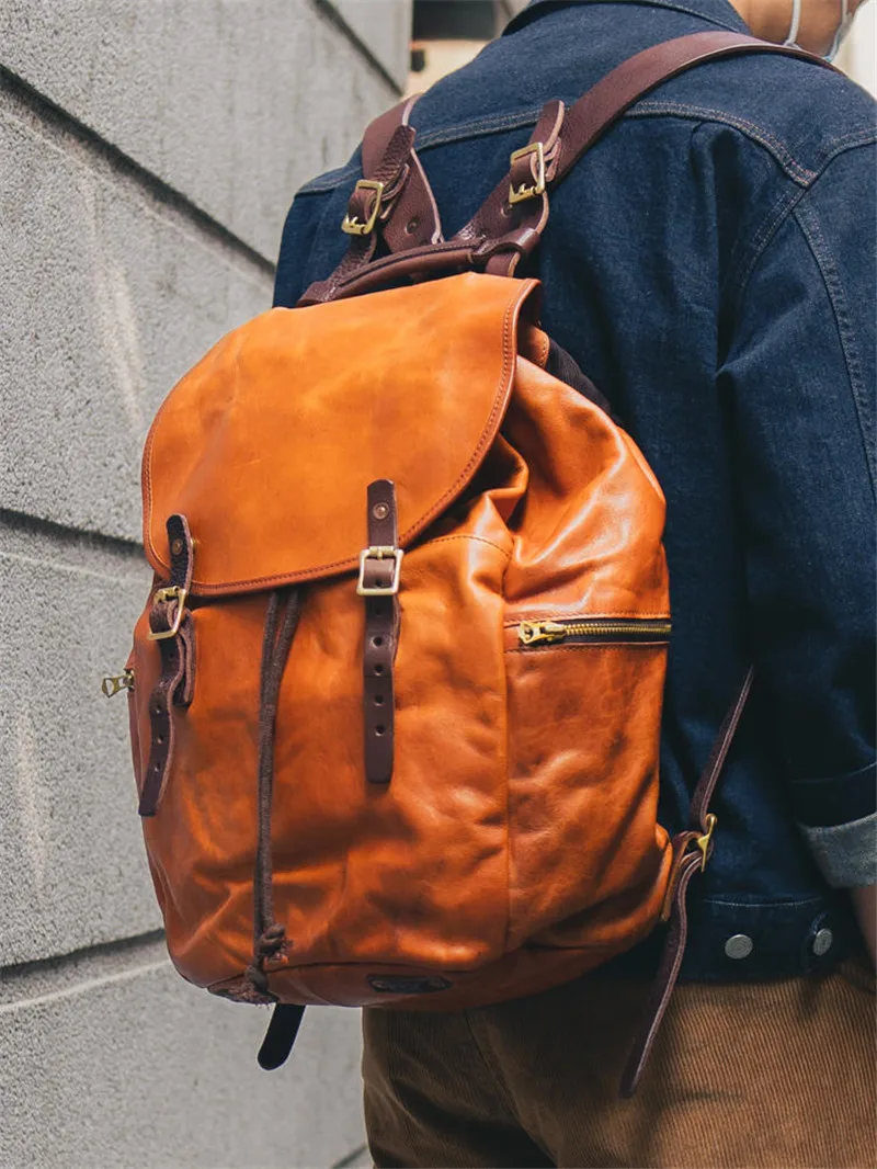 Outdoor travel high quality genuine leather men's large-capacity backpacks weekend daily handmade natural real cowhide schoolbag