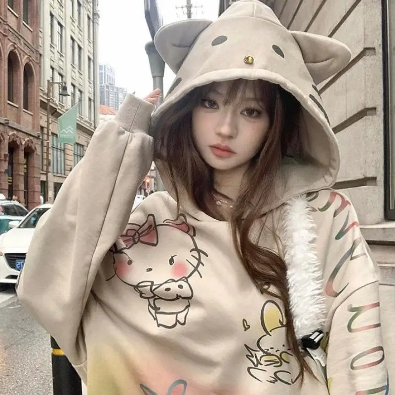 Pure Cotton Sweet Kt Cat Cartoon Hooded Sweatshirt Y2K Women Autumn Winter Loose Campus Style Printing Long Sleeves Jacket Tops