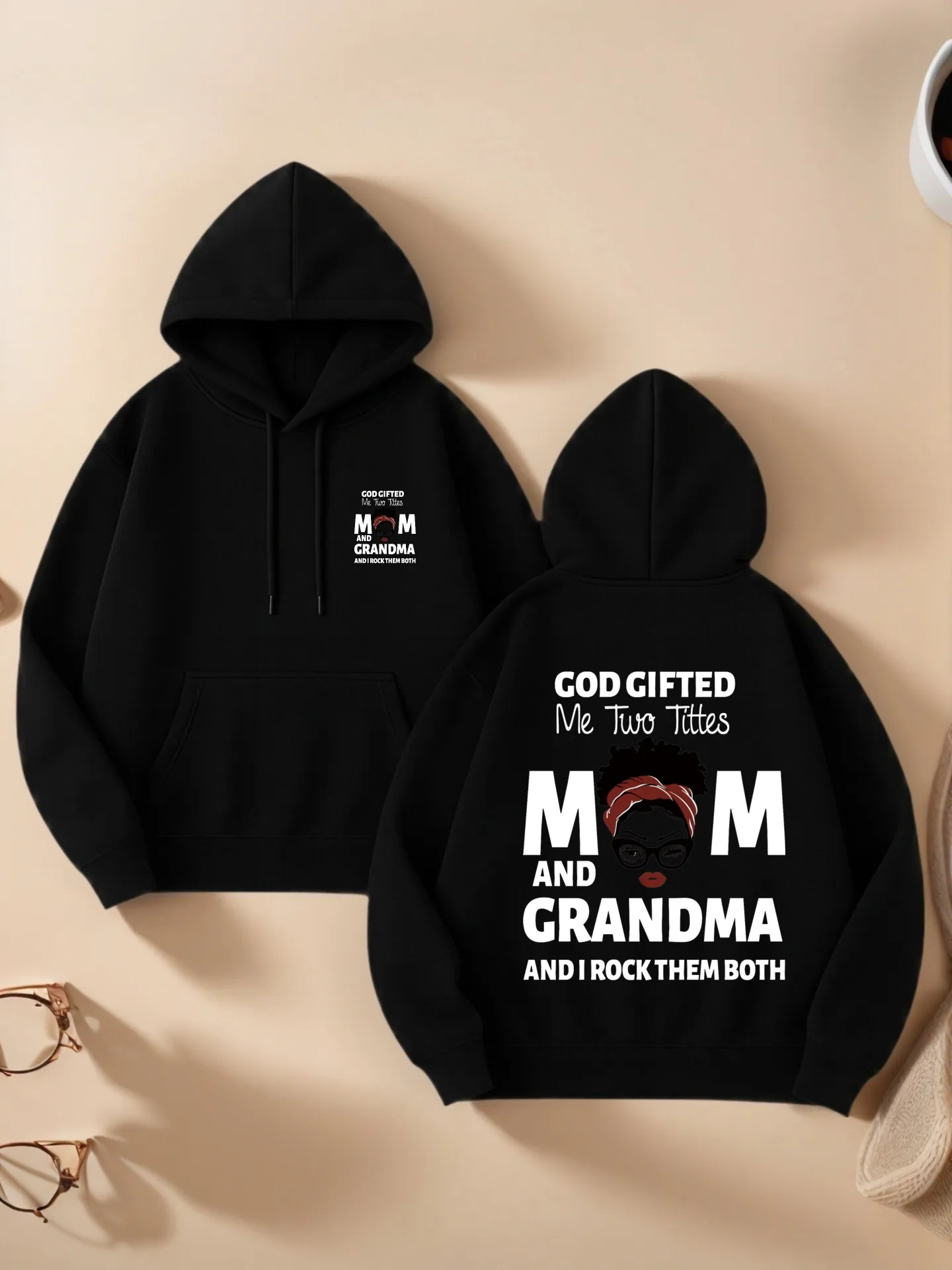 

Graphic Hoodie Women, Mom and Grandma Aesthetic Design, Letter Print, Casual Everyday Wear, Fleece Lined, For Women