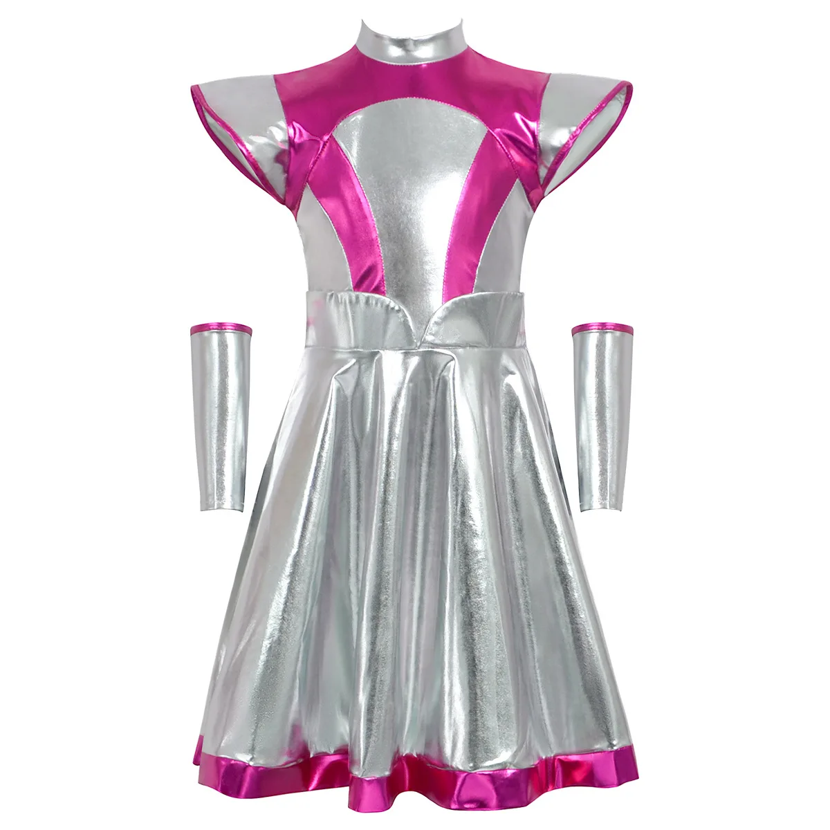 Disfraz de Alien para niñas, disfraz de astronauta Robot de Halloween, vestido metálico brillante con manga para el brazo, conjunto de ropa elegante