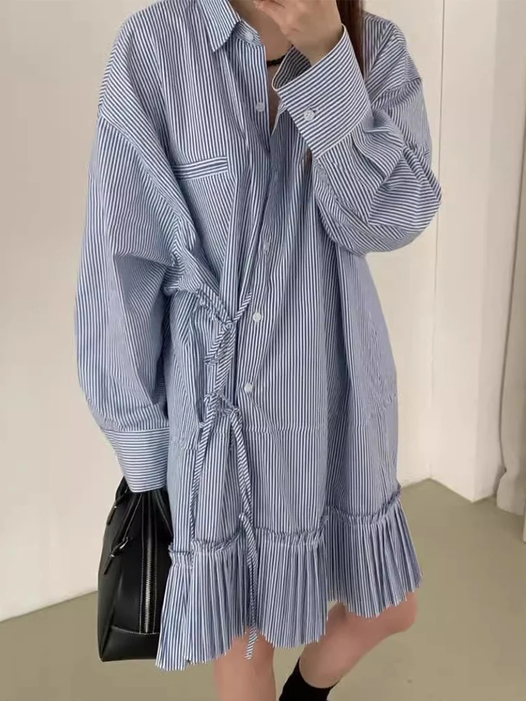 Retro Chic Autunno Lungo Sve Striped Dr Loose Fit Fisarmonica Piega Lato Legato Patchwork Allentato Colletto rovesciato Coreano Sle