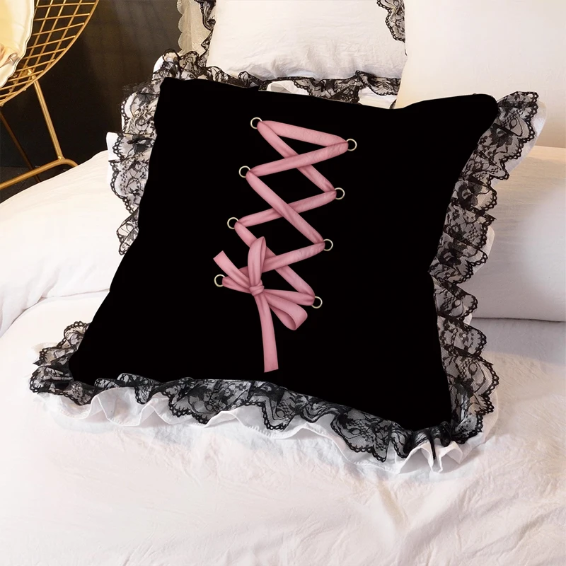 Gothic Lolita Y2k Black Pink Print Cotton Pillow With Pillow Core Lace Ruffled Fluffy Soft Throw Pillow Sofa Bedroom Cushion