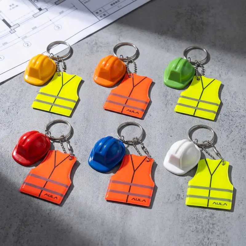1PC Creative Vest And Safety Helmet Shaped Keychain Night Travel Reflective Warning Sign Pendant For Backpack Accessories