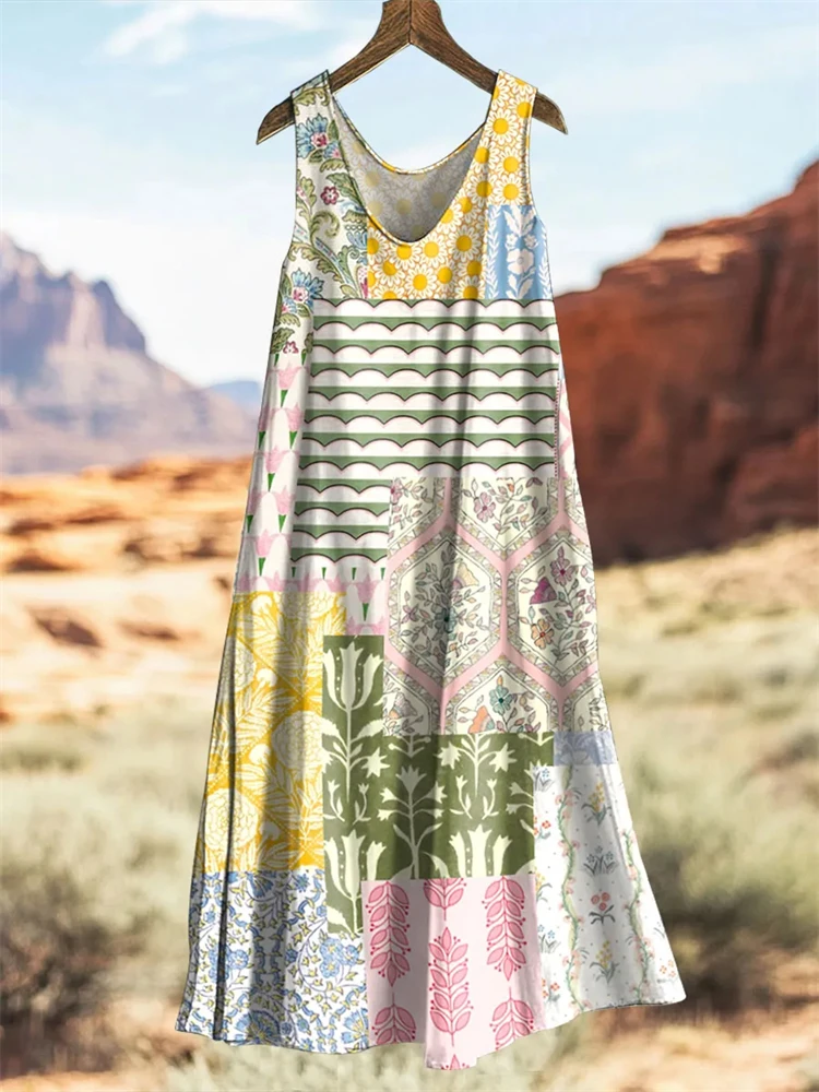 Elegant Women's Summer Floral Print Patchwork Dress Women's Round-Neck Sleeveless Dress Fresh and Light Beach Vacation Dress
