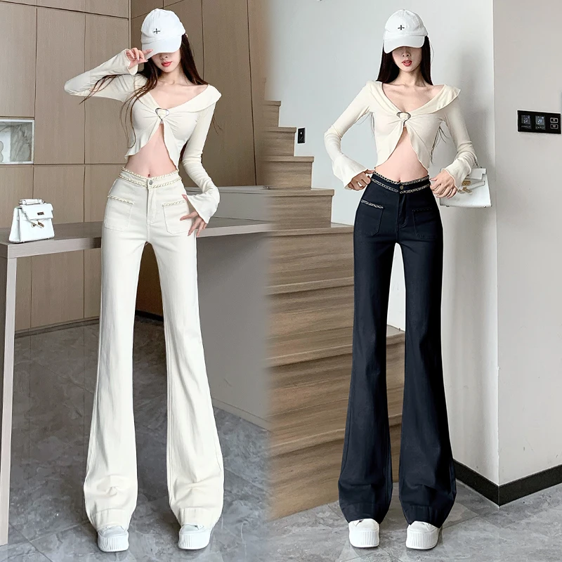 

High Waist Wide Leg Loose Fit Women's Jeans Trousers Drapey Splicing Straight Design Spring Autumn Color Blo Floor-Length