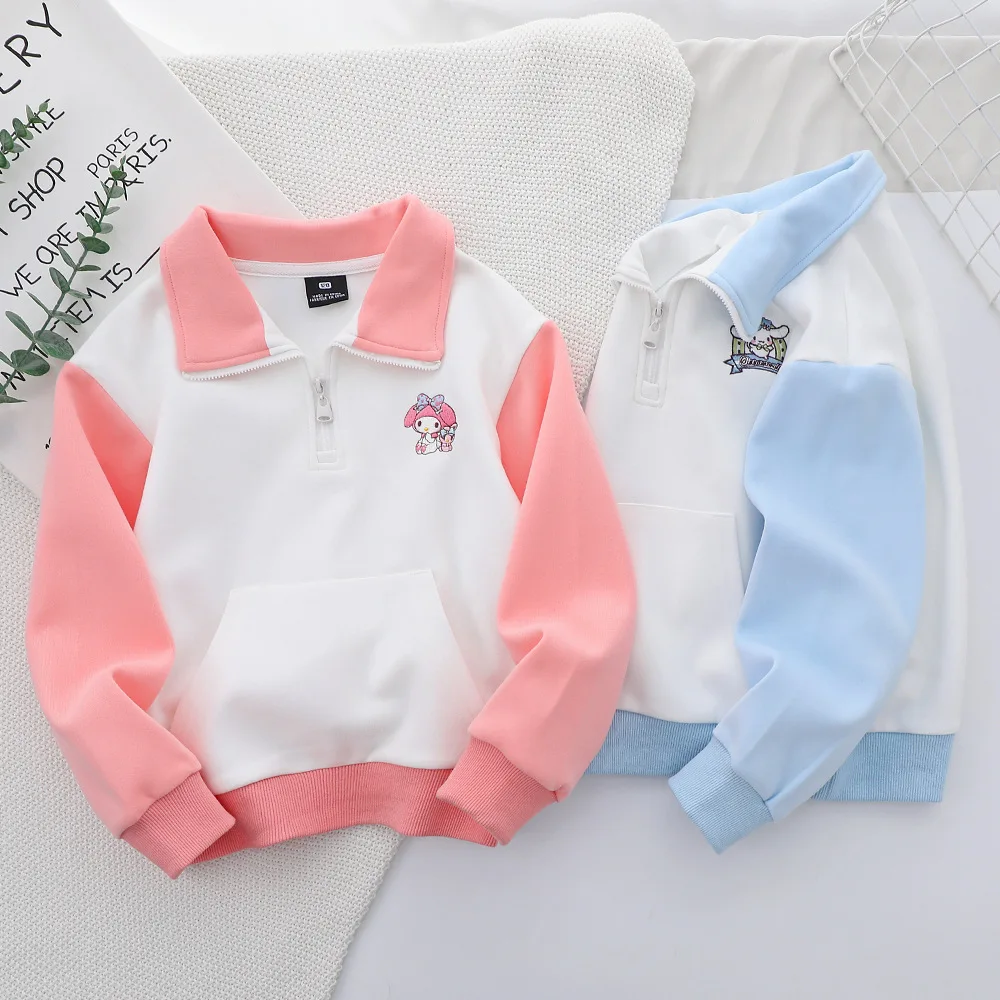 Kawaii My Melody Cinnamoroll Girls Kids Polo Shirt Tops Sanrios Anime Student Spring Cartoon Cotton Cute Pullover Long Sleeve