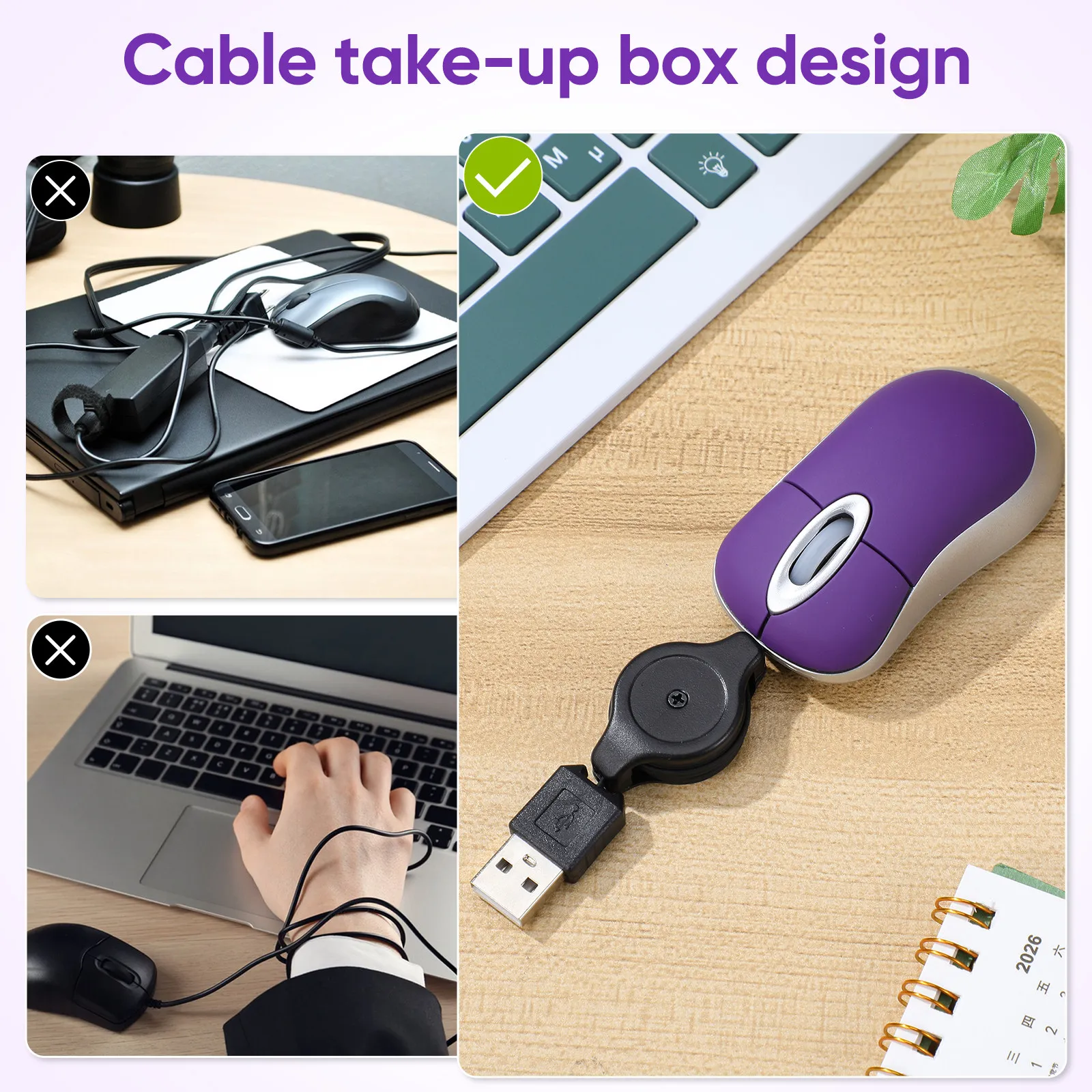 USB Mini Purple Telescopic Mouse Portable Notebook Computer Wired Silent Optical Mouse Ergonomic Comfortable Grip