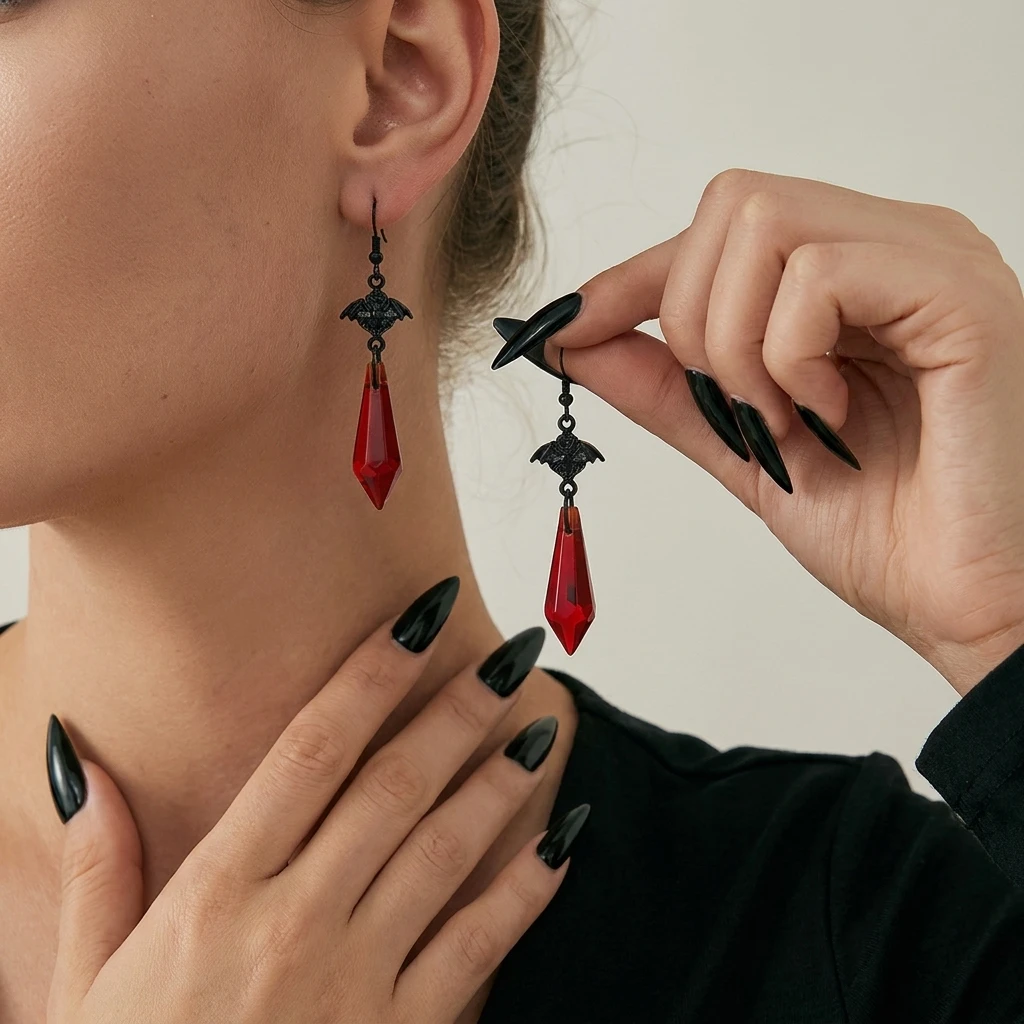 Gotische Vampir-Fledermaus Wassertropfen-Ohrringe für Damen und Herren Rote Strass Vintage Fledermaus-Ohrringe Halloween-Party-Schmuck Großhandel – Detail 2