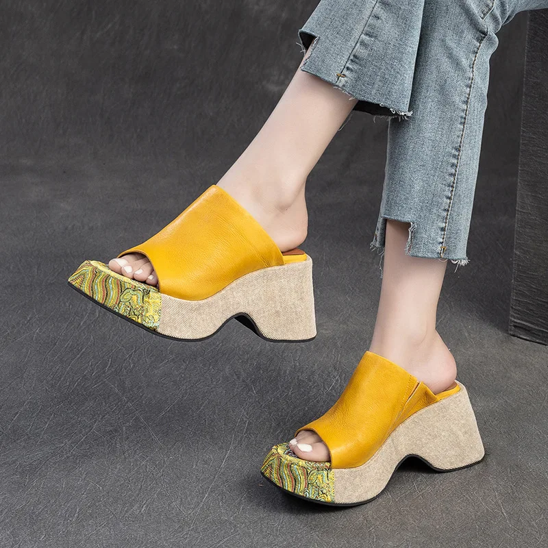 Koznoy 8cm Natural Cow Genuine Leather Women Wedge Platform Sandals Peep Toe Slippers Fashion Summer Embroidery Fashion Shoes