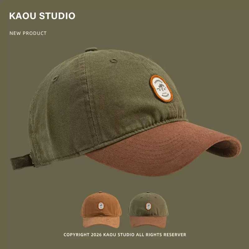 Men Women Vintage Soft Top Baseball Cap Washed Cotton Fabric Color Block Brim Oval Patch Label Adjustable Daily Outdoor Headwear