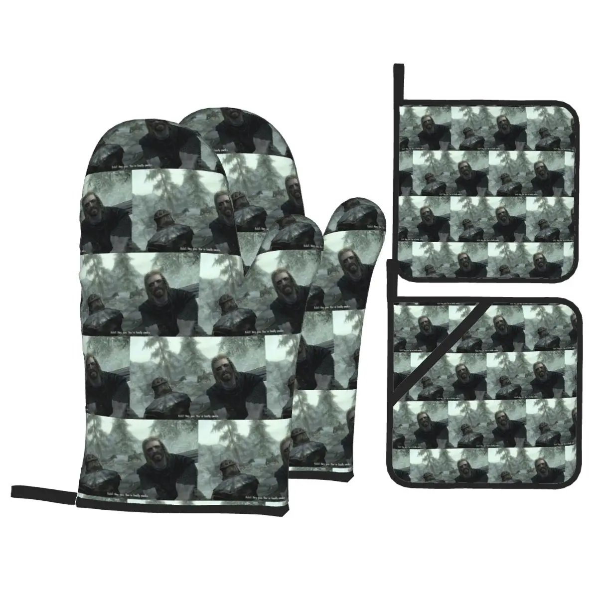 Hey You Youre Finally Awake Skyrim Meme Oven Mitts and Pot Holder Sets of 4 for Baking Cooking BBQ Resistant Non-Slip Gloves
