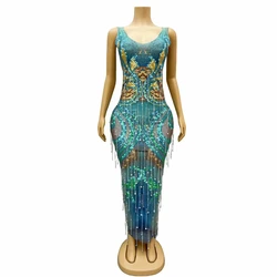 Green Diamonds Long Party Dress Birthday Luxury Costume Fancy Brilliant Dancer Wedding Dress Impressive Dress with Tassel Jinran