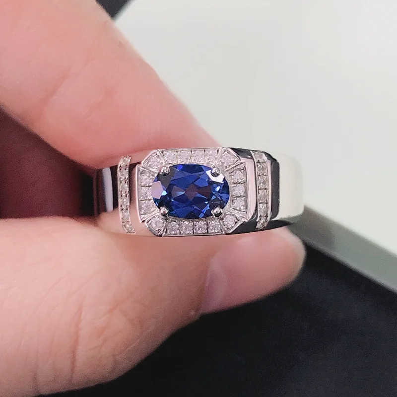 

Platinum PT950, micro-set men's oval blue sapphire four-prong ring, men's 1-carat diamond ring