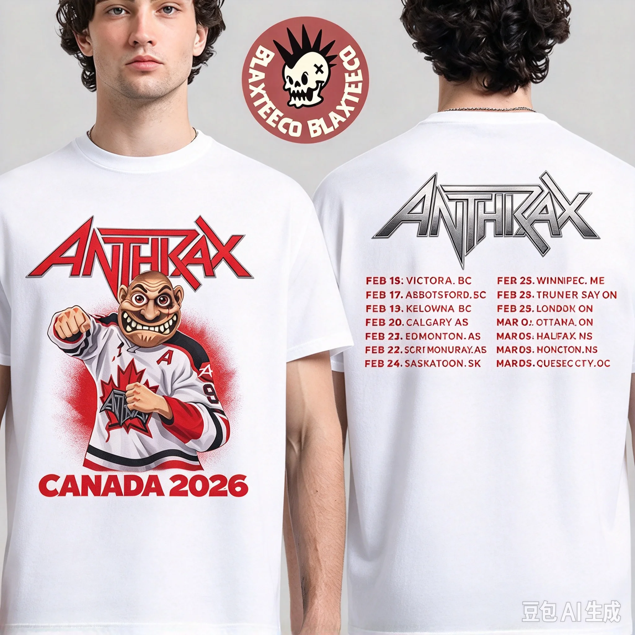 Anthrax Canada 2026 Tour Double Sided T Shirt Cotton Short Sleeve Hockey Mascot Cartoon Thrash Metal Band Concert Fan Tee