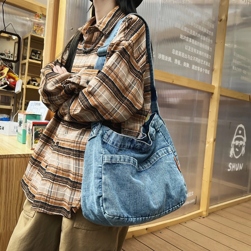 bolsa transversal bolsas femininas saco de mensageiro Qualidade Blue Denim Tecido Crossbody Sacos Multi-bolso Messenger Bag Big Capacidade Ombro Shopper Tote 2023 Últimas Mulheres Bolsa