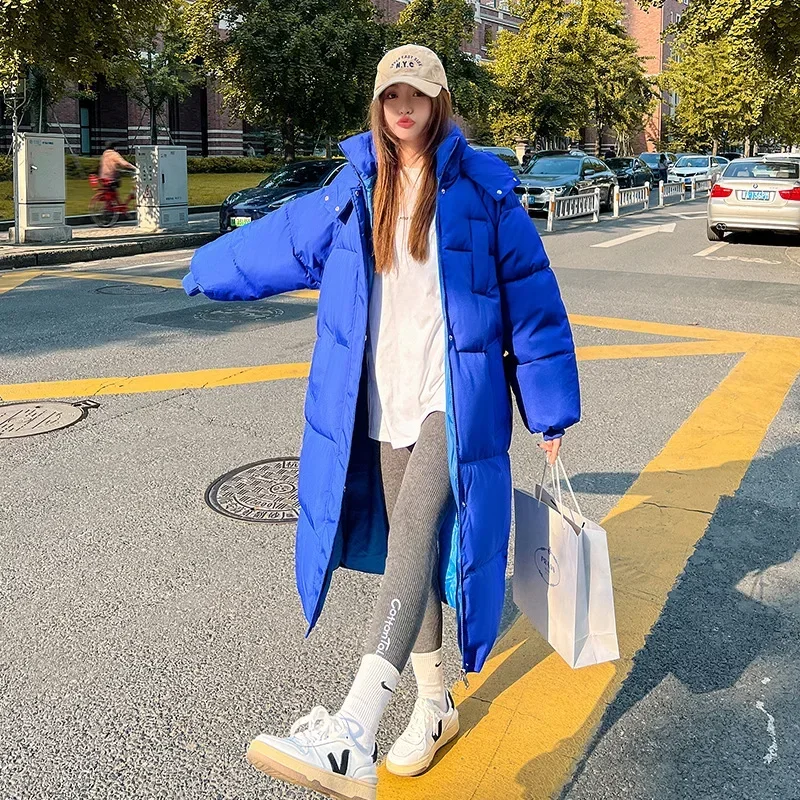 

2024 Korean Winter Jacket Women X-long Parkas Solid Hooded Thicken Warm Female Snow Wear Coat Padded Loose Clothes Plus Size