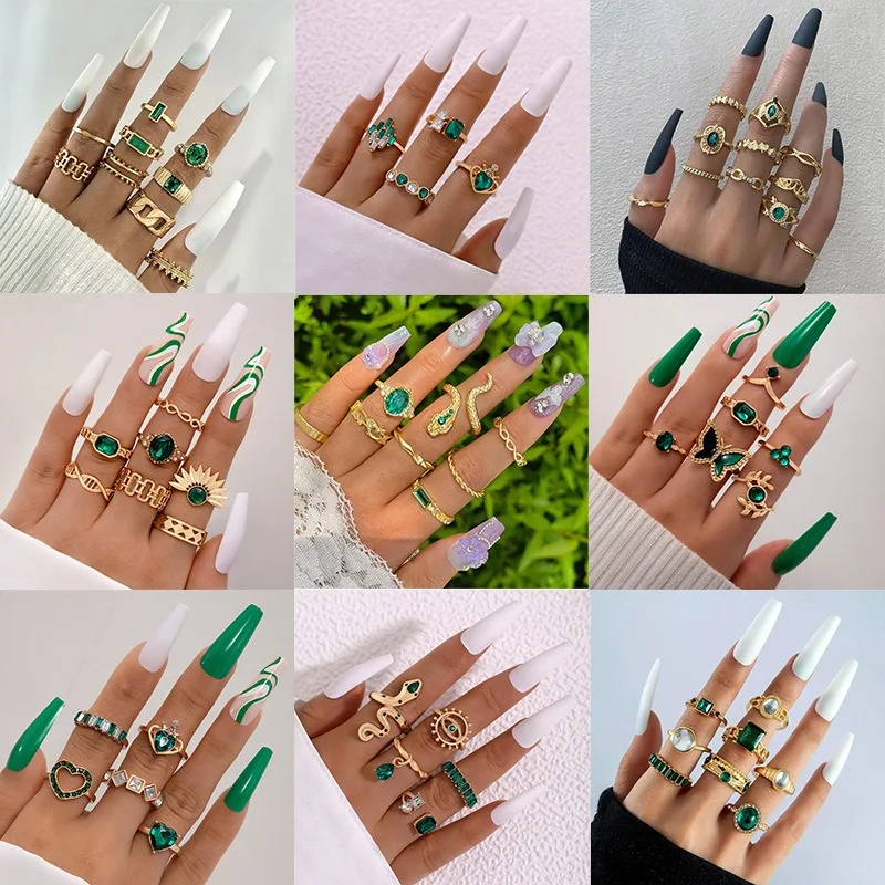European and American cross-border, retro fashion metal imitation emerald diamond-set gemstone ring, love snake ring set