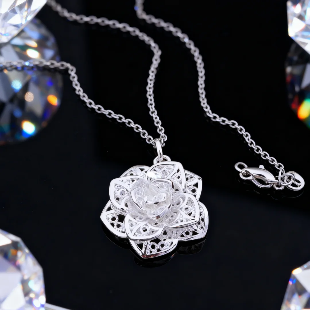 

45CM 925 Sterling Silver Necklace Charms Pretty Fashion Cute Nice Jewelry Wedding Noble Elegance Women Classic Flower Pendant