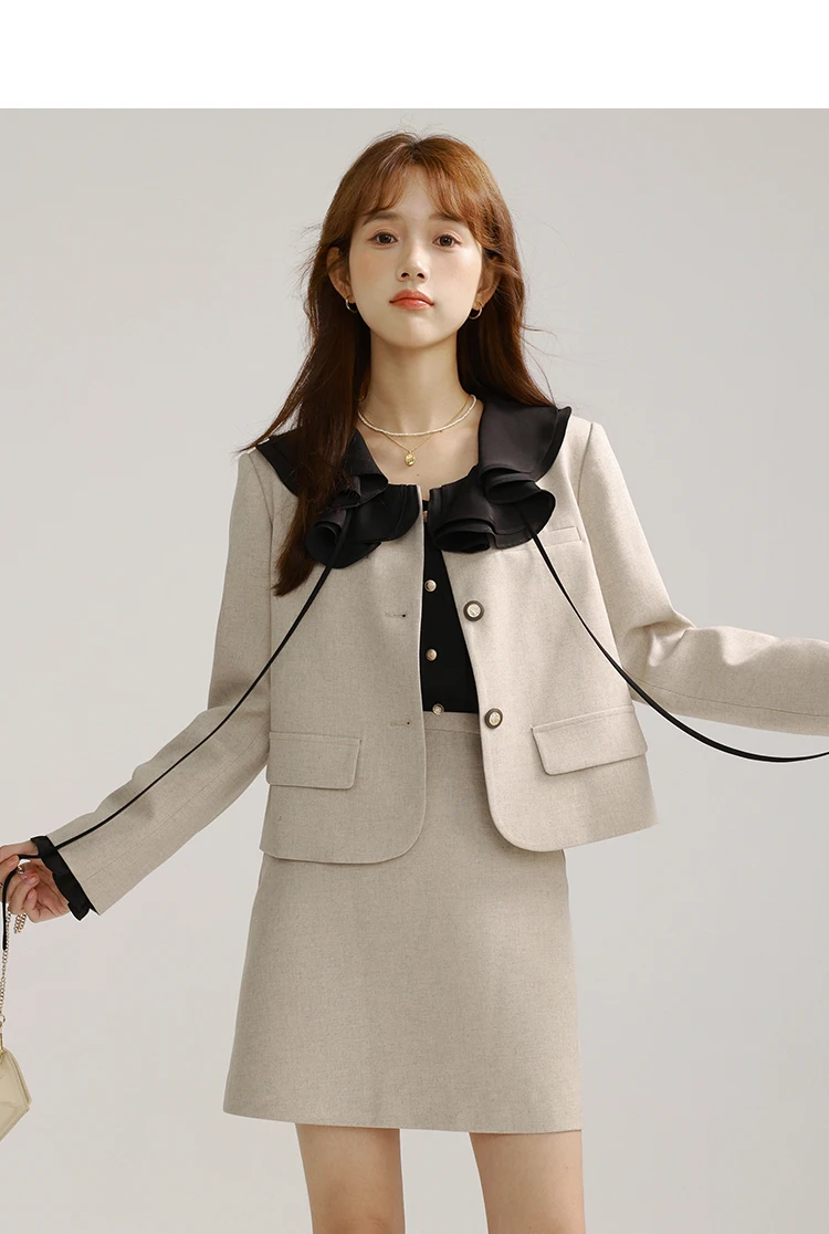 طقم بدلة بليزر أنيق أنيق للنساء سترة قصيرة وتنورة قصيرة عالية الخصر للمكتب ملابس غير رسمية لمظهر أزياء ربيع الخريف