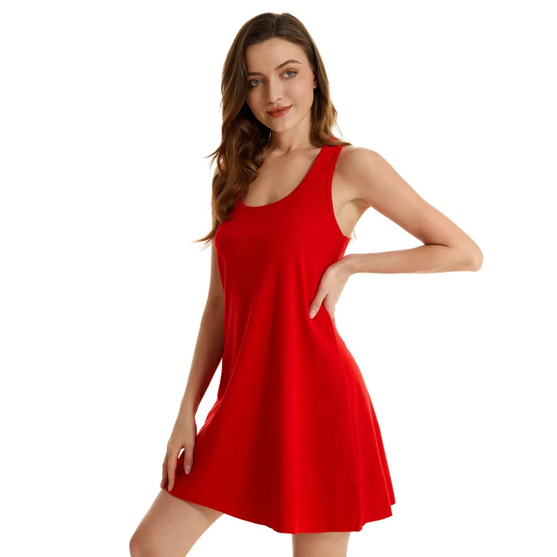 

Spring Summer Women's Cotton Nightgown Round Neck Solid Color Sleepwear Casual Vest Dress Sleeveless Halter Sleeping Skirt