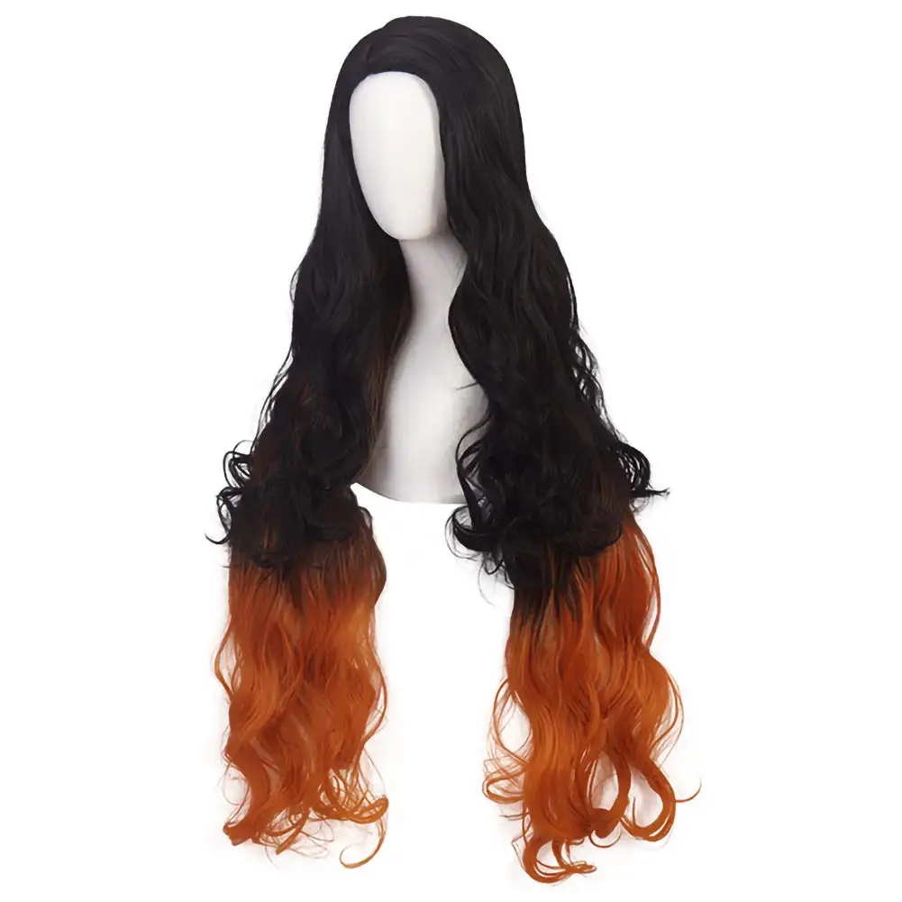 كامادو Nezuko Nezuko الباروكات ل قاتل الشياطين زي الباروكات الاصطناعية البرتقالية مختلطة أسود طويل مجعد الباروكات للنساء