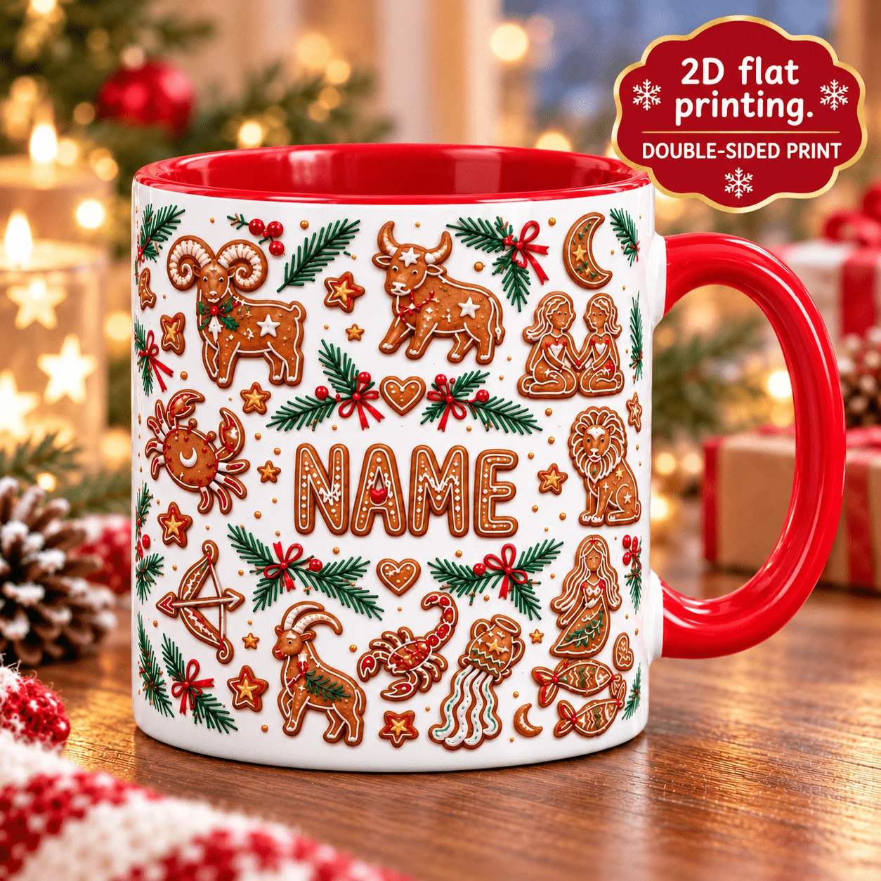 2D 1pc 11oz Personalized Custom Zodiac Gingerbread Mug,Christmas Holiday Gift,Hand Wash Only Microwave Safe,Friend Coffee Cup