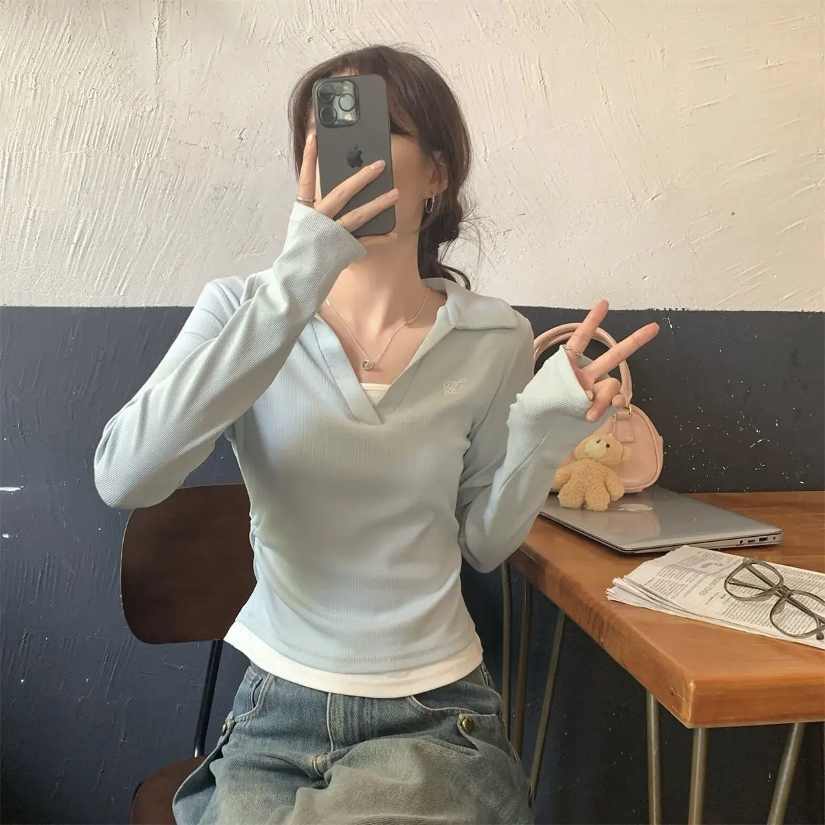 New Women's Autumn and Spring Casual Fitted Slimming Polo Collar Long Sleeve T-Shirt (Can be worn as inner or outer layer)