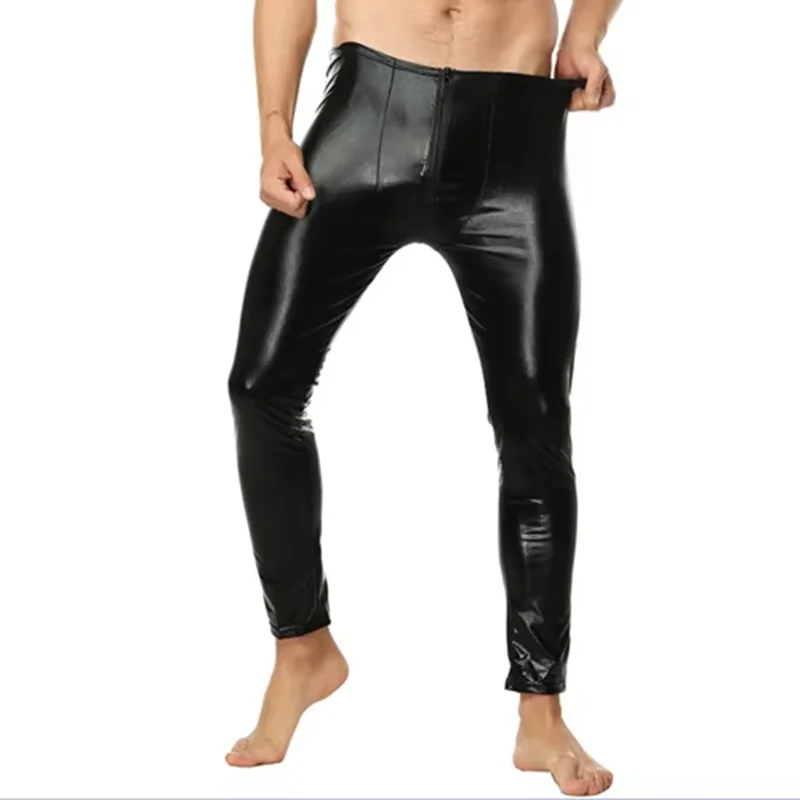 

Мужские сексуальные узкие брюки из искусственной кожи с мокрым эффектом, черные эластичные леггинсы на молнии спереди, брюки для выступлений на сцене