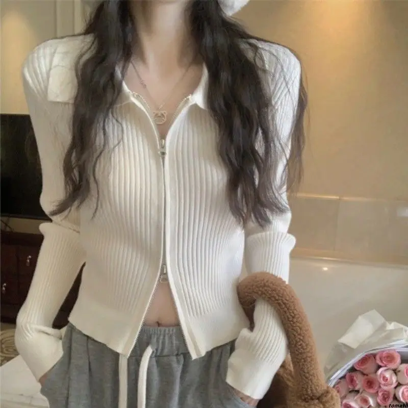 

poloWomen's Thin Collared Knitted Cardigan2025Spring and Autumn New Slim Fit Short Double-Zip Long Sleeve Top