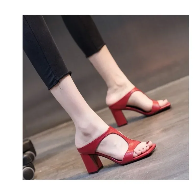 2024 Women's Summer New Fashion Comfortable Designer Chunky Heel Sandals PU Daily Casual Party Dress Ladies High Heel Slippers