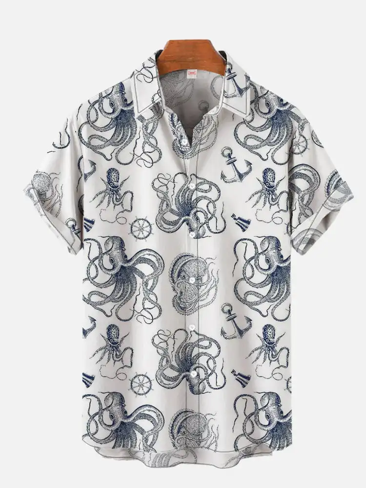 Men's Summer Octopus Printed Shirt Hawaii Short sleeved Beach Shirt Marine Animal Comic Pattern Shirt Men's Casual Shirt