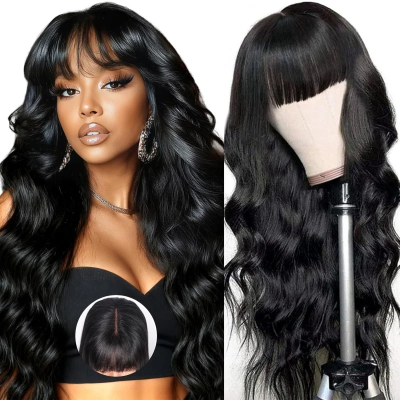 

Women's black long curly wig with bangs, machine-made high-temperature synthetic fiber headpiece
