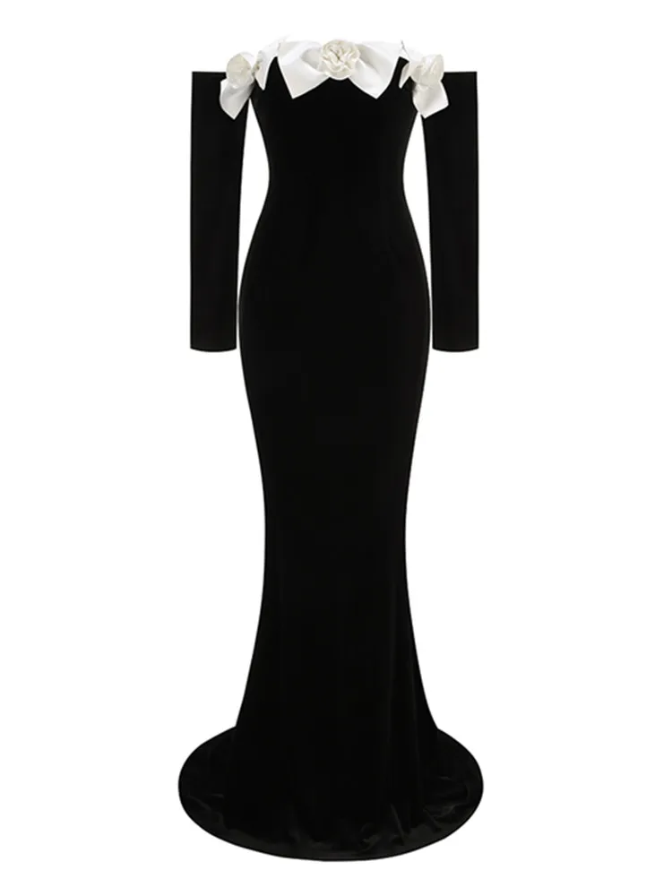 Luxury Sexy Off Shoulder Bow Tie Black Maxi Long Women Celebrity Dress 2024 Elegant Party Evening Club Vestido Clothing