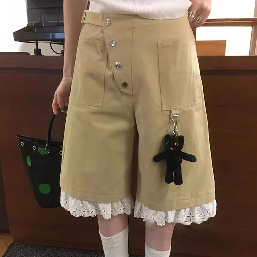 

Retro fashionable sweet cool style splicing lace khaki medium pants women's summer high-end five-point pants