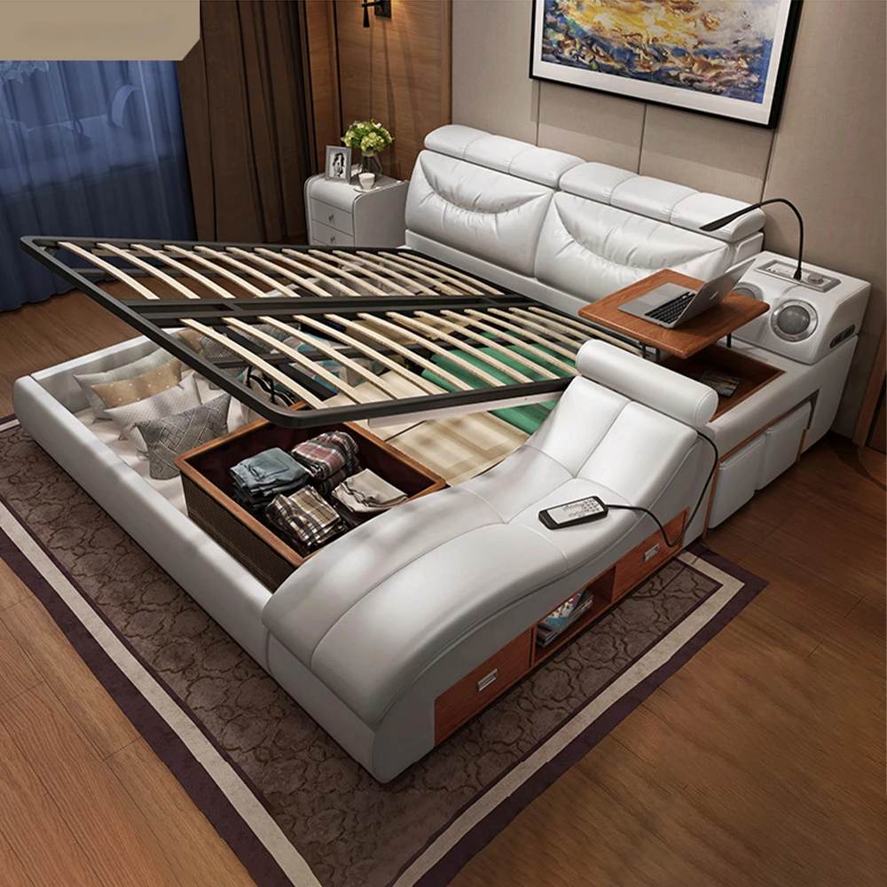 #MANBAS Multifunctional Tech Smart Leather Bed with Massage Chair, Bluetooth Speaker, Bookshelves, USB & LED Light | Ultimate BE