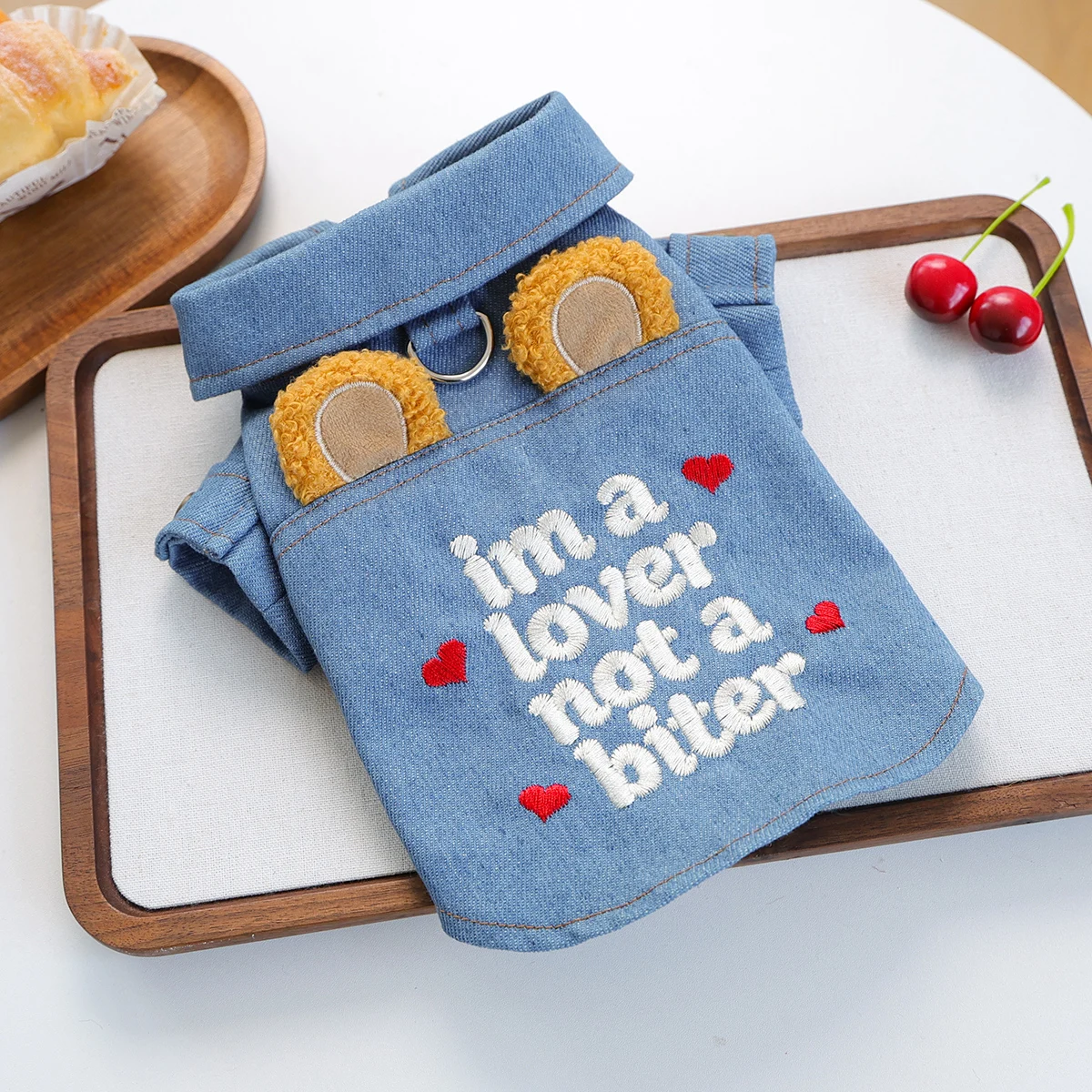 "I'm a Lover" Haustier-Jeansjacke mit Bärenohren, D-Ring inklusive, Knopfverschluss Zweibeiniger Mantel für kleine Hunde & Katzen