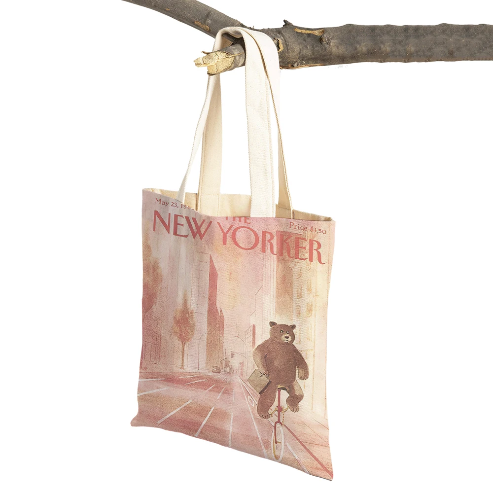 Nordic The New Yorker City Magazine Women Shopping Bags Double Print Casual Shopper Bag Lady Canvas Tote Leaf Travel Handbag