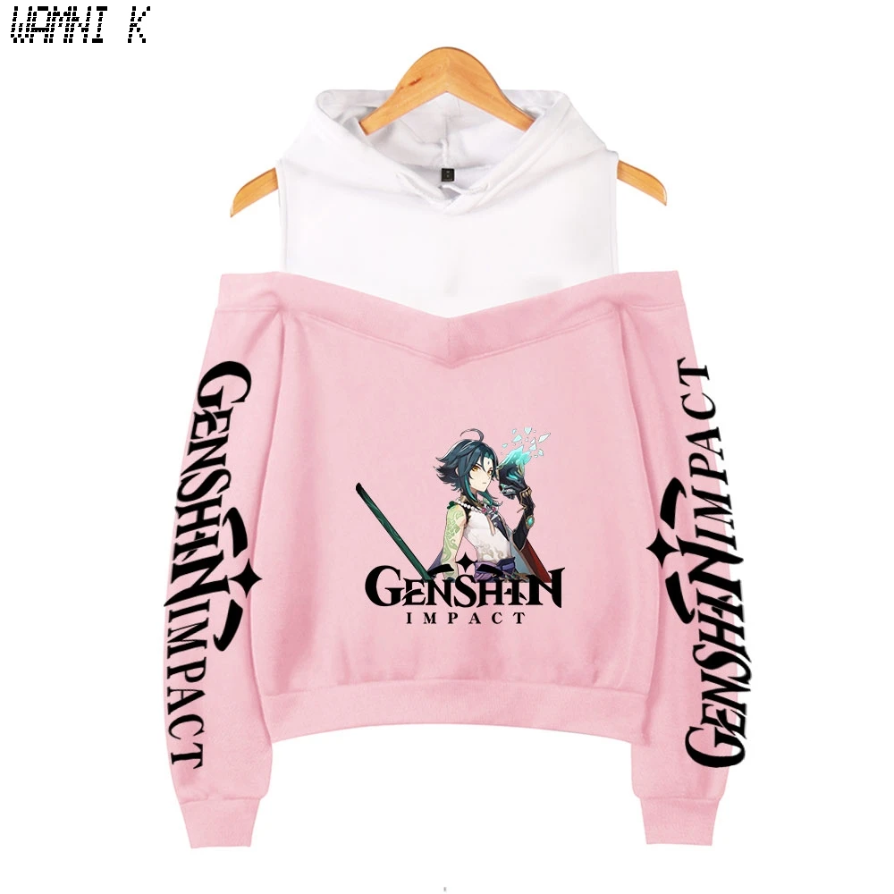 

Genshin Impact Crop Shoulder hoodies women Sweatshirts Pullovers Off-shoulder Harajuku girls hooded fashion Tracksuit