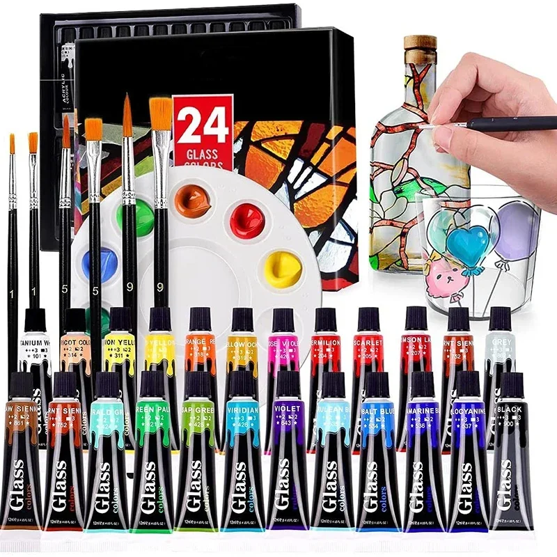 Juego de pintura para vidrieras de 12 y 24 colores con 6 pinceles de nailon, 1 paleta, kit de pintura de esmalte acrílico resistente al agua para