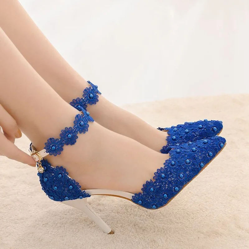 Women Shoes High Heels Pumps Buckle Strap Hollow Lace Pointed Toe Thin Heels 9.5CM Woman White Wedding Shoes Office Lady Dress