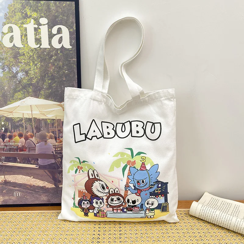 Labububu student cute cartoon tutoring tote bag canvas bag large-capacity shoulder bag trendy printed shopping bag