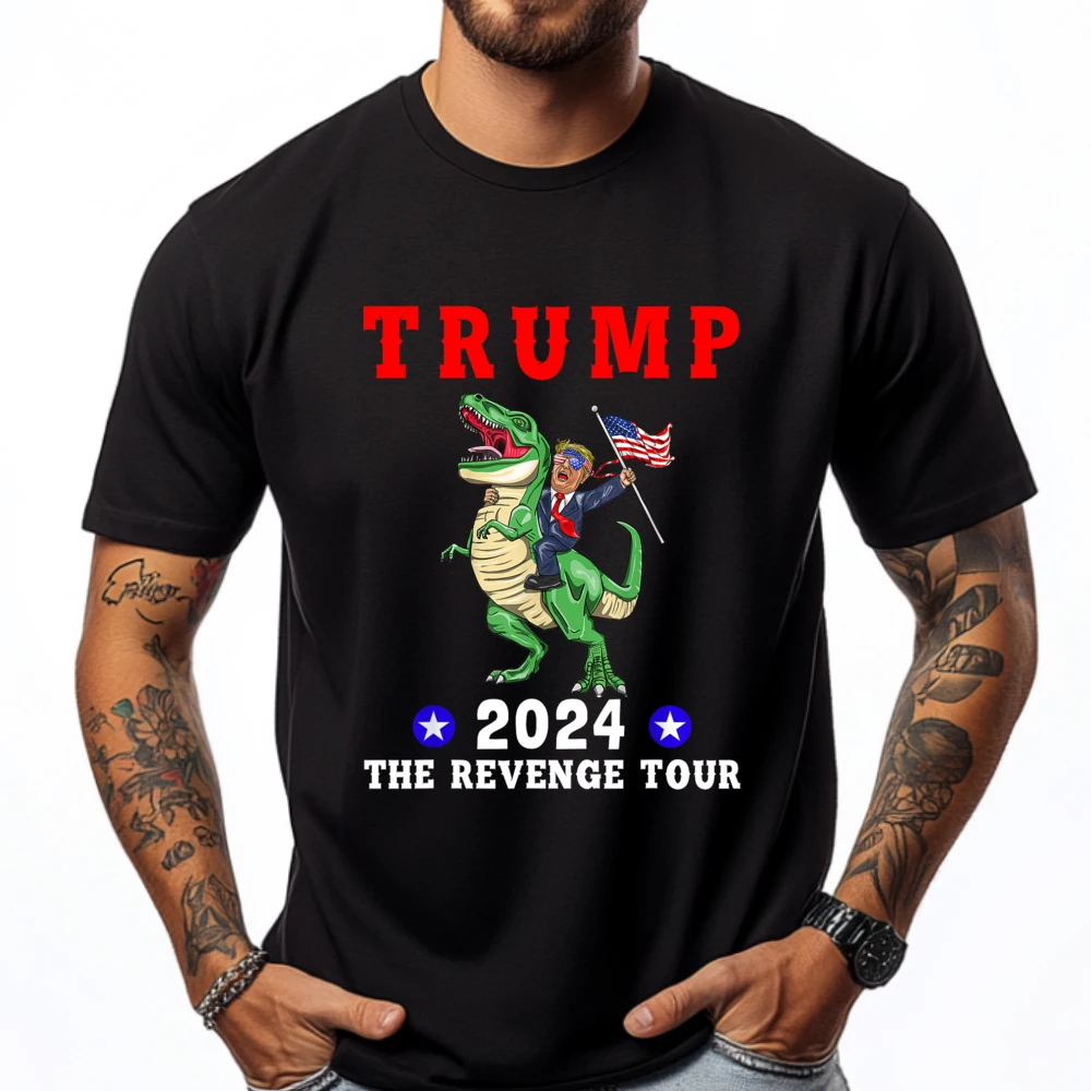 

Trump 2025 The Revenge Tour Riding Dinosaur American Flag Shirts Graphic Tee Men's Clothes Tshirt St Patrick's Day
