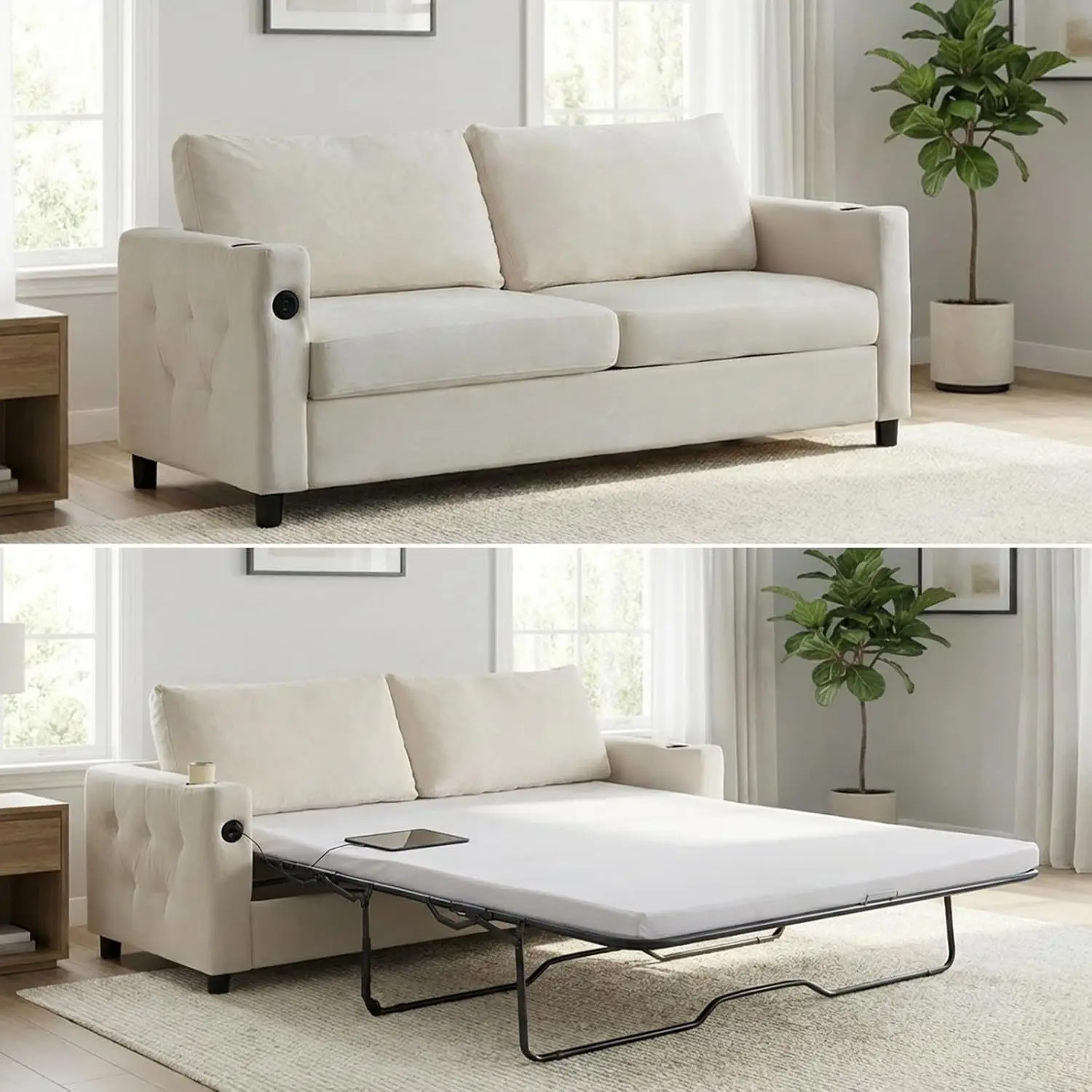 72" Full Size Pull Out Sofa Bed, Velvet 2-in-1 Convertible Sleeper Sofa Bed with Memory Foam Mattress, Cup Holder,, Customized