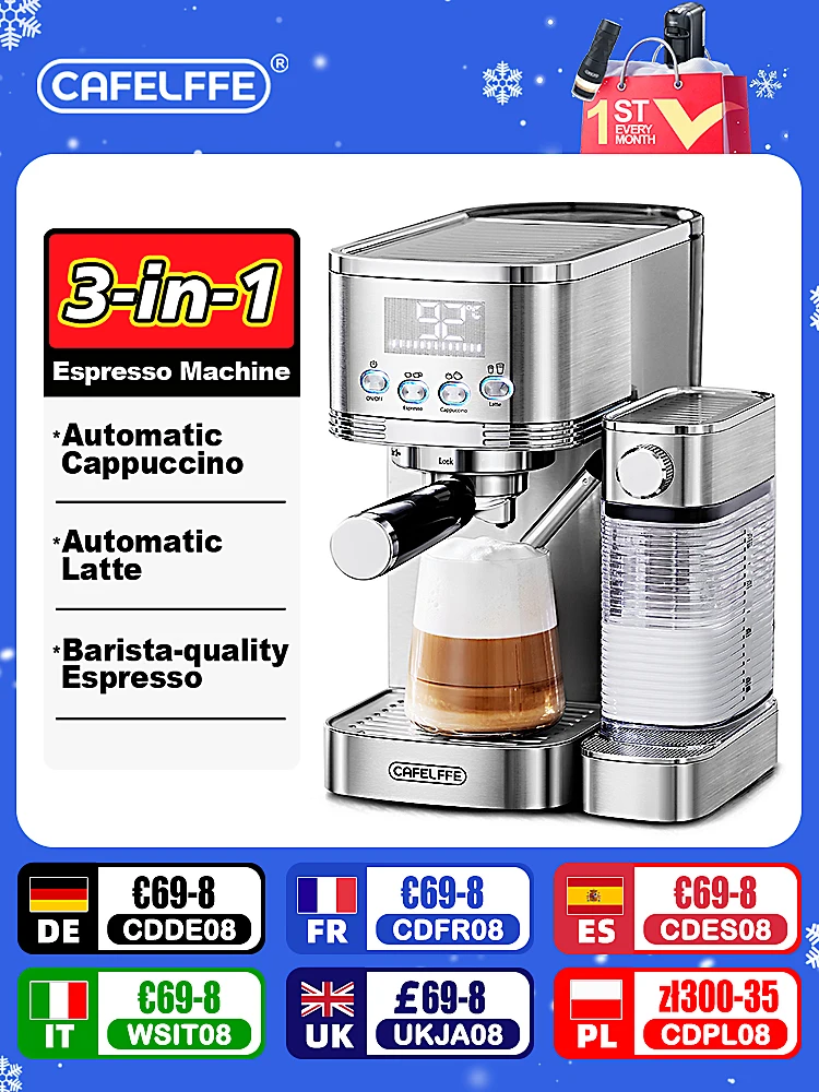 Cafelffe-cafetera automática 3 en 1, máquina de café para café, capuchino, Latte, totalmente automática, espuma de leche de acero inoxidable