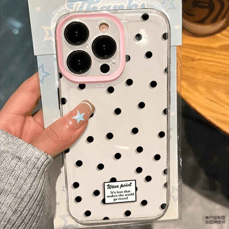 Black polka dot wave point Clear Space Phone Case For iPhone 11 12 13 14 15 16 Pro Max Mini X Xs XR 7 8 plus Se2020 Transparent